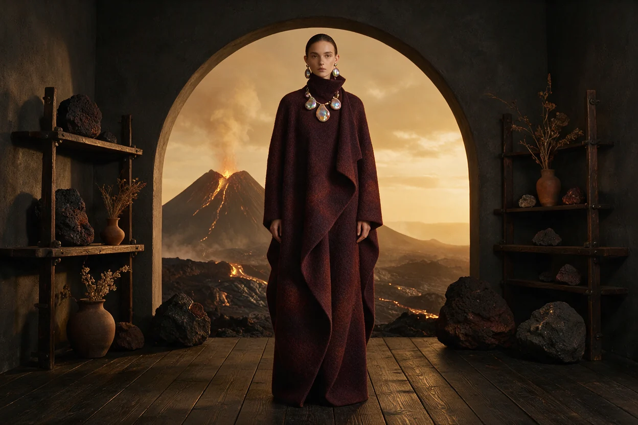 A single fashion portrait combining a person, clothing, object, and environment reference.