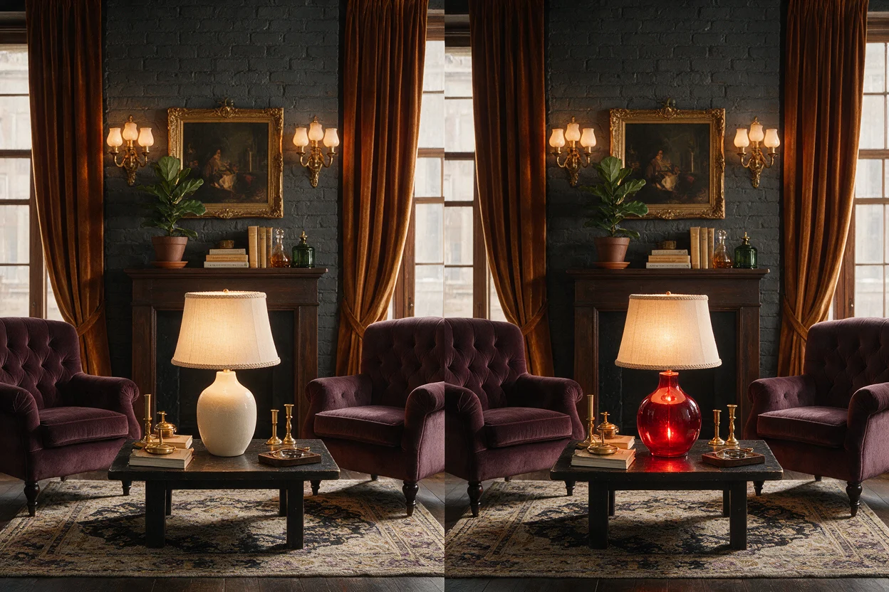 Only one lamp changes material while the surrounding room remains untouched.