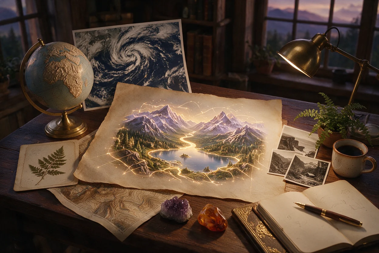 Real-world geographic, scientific, and photographic references grounding one illustration.