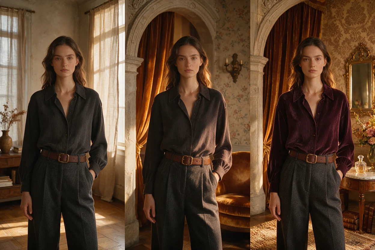 Three consistent versions of one portrait becoming more refined with each iteration.