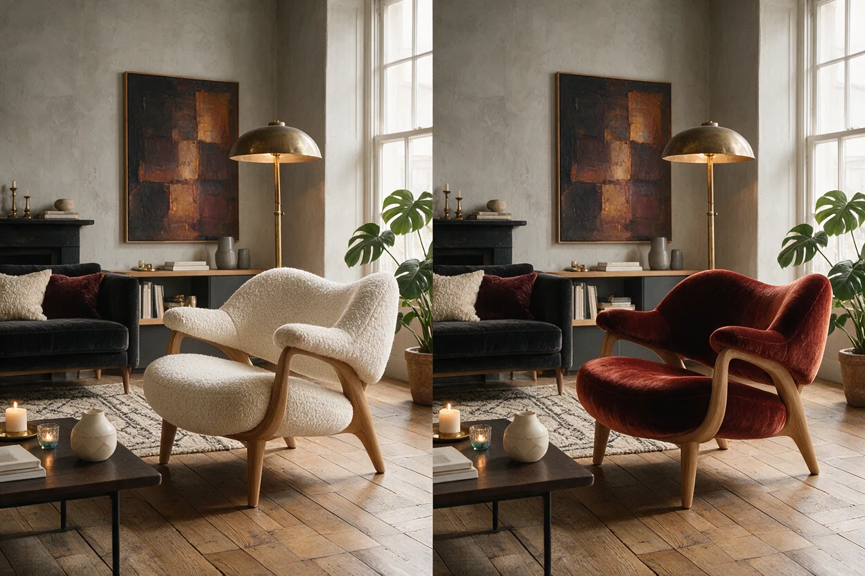 The same interior before and after changing only the chair material.