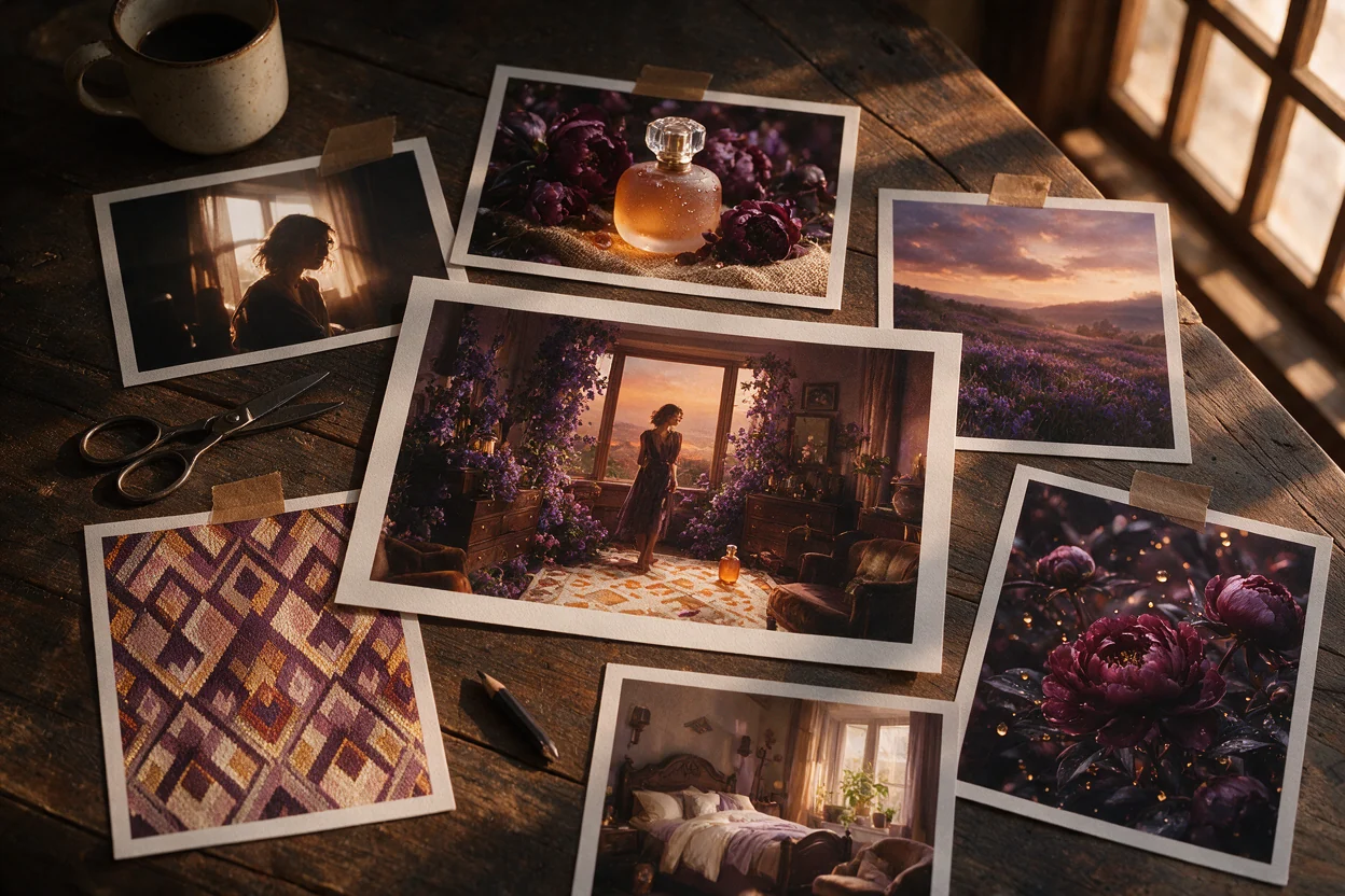 A curated set of visual directions leading to a finished image.